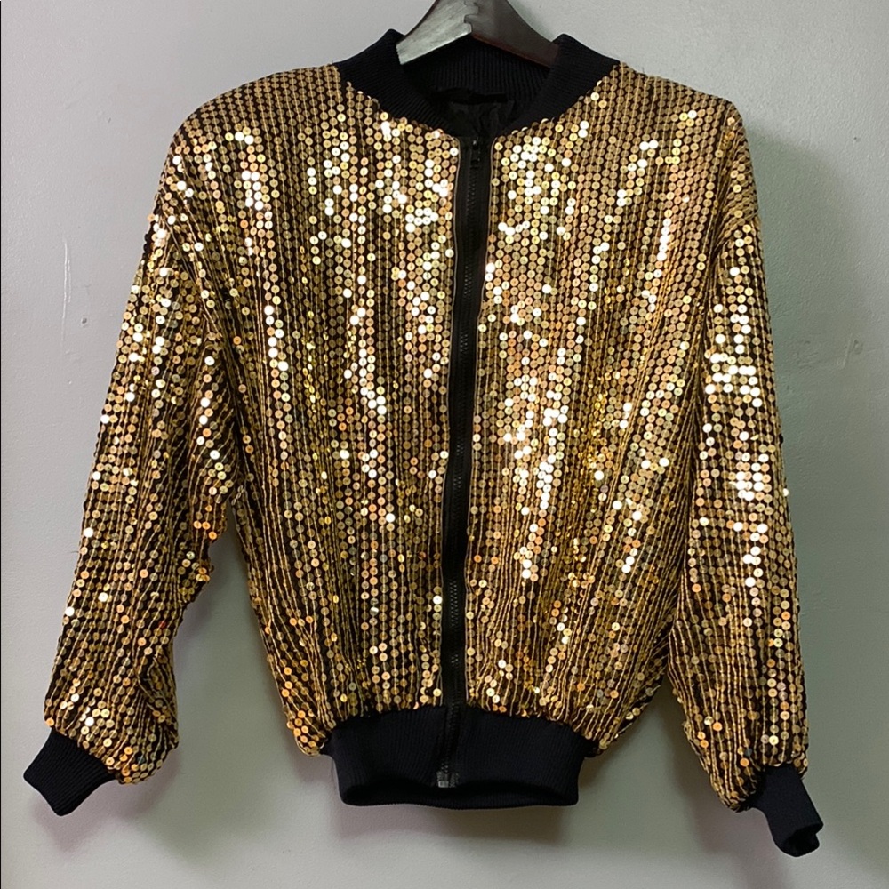 Vintage Gold Sequin Silk Lined Women's Bomber Jacket